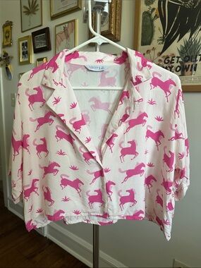 Pink Horse-Print Button Front Crop Top